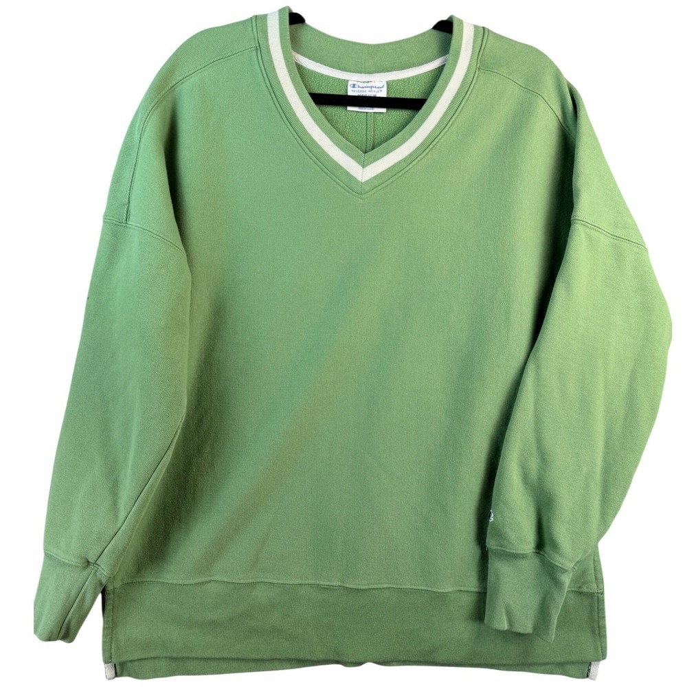 Champion Reverse Weave V-Neck Sweatshirt Green Striped Trim Medium Oversized